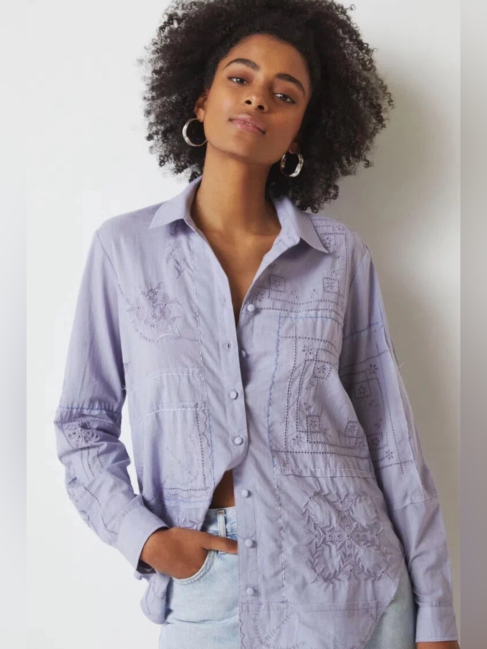 Anthropologie Embroidered Button-Down Handkerchief Shirt in Sky